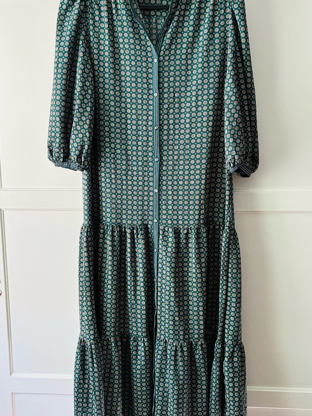 Max Studio Green Patterned Button-Front Tiered Maxi Dress